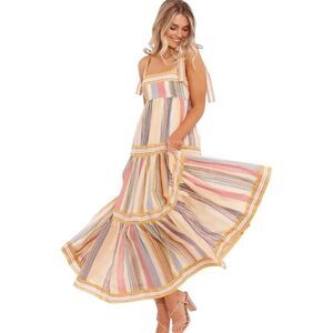 By Together Women's Yellow & Multicolor Pastels Striped Rayon Lined Nylon Maxi D